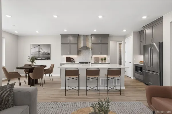 a view of a dining room with furniture