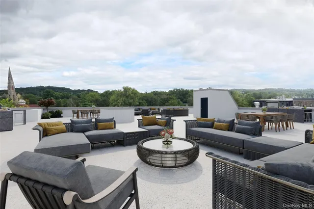 a roof deck with couches and potted plants with sky view