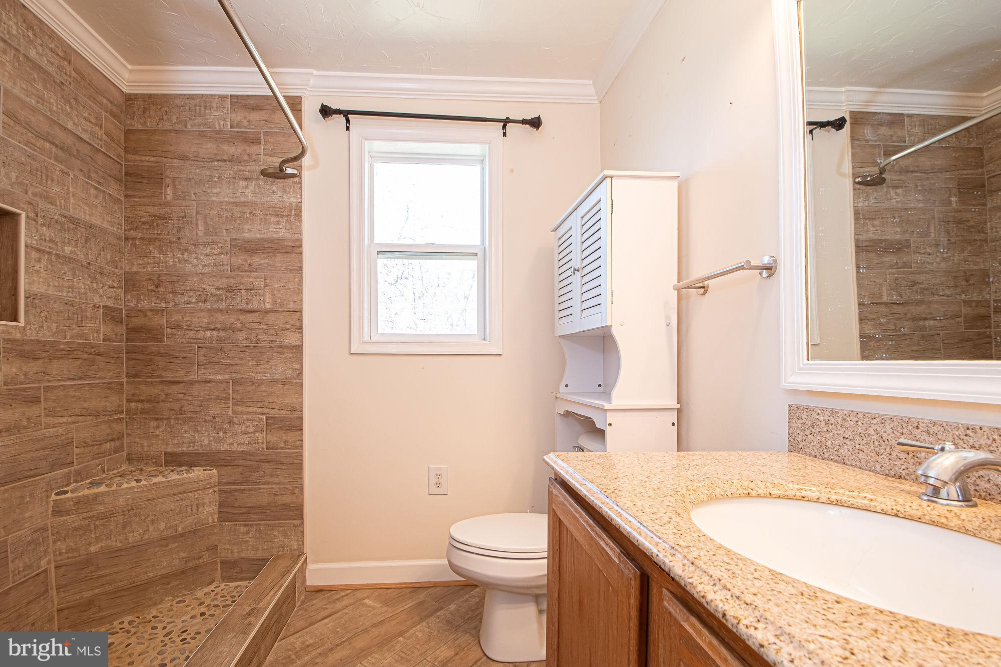 4792 Howellsville Road Front Royal, VA 22630 - Photo 34 of 41 a bathroom with a granite countertop sink toilet and shower