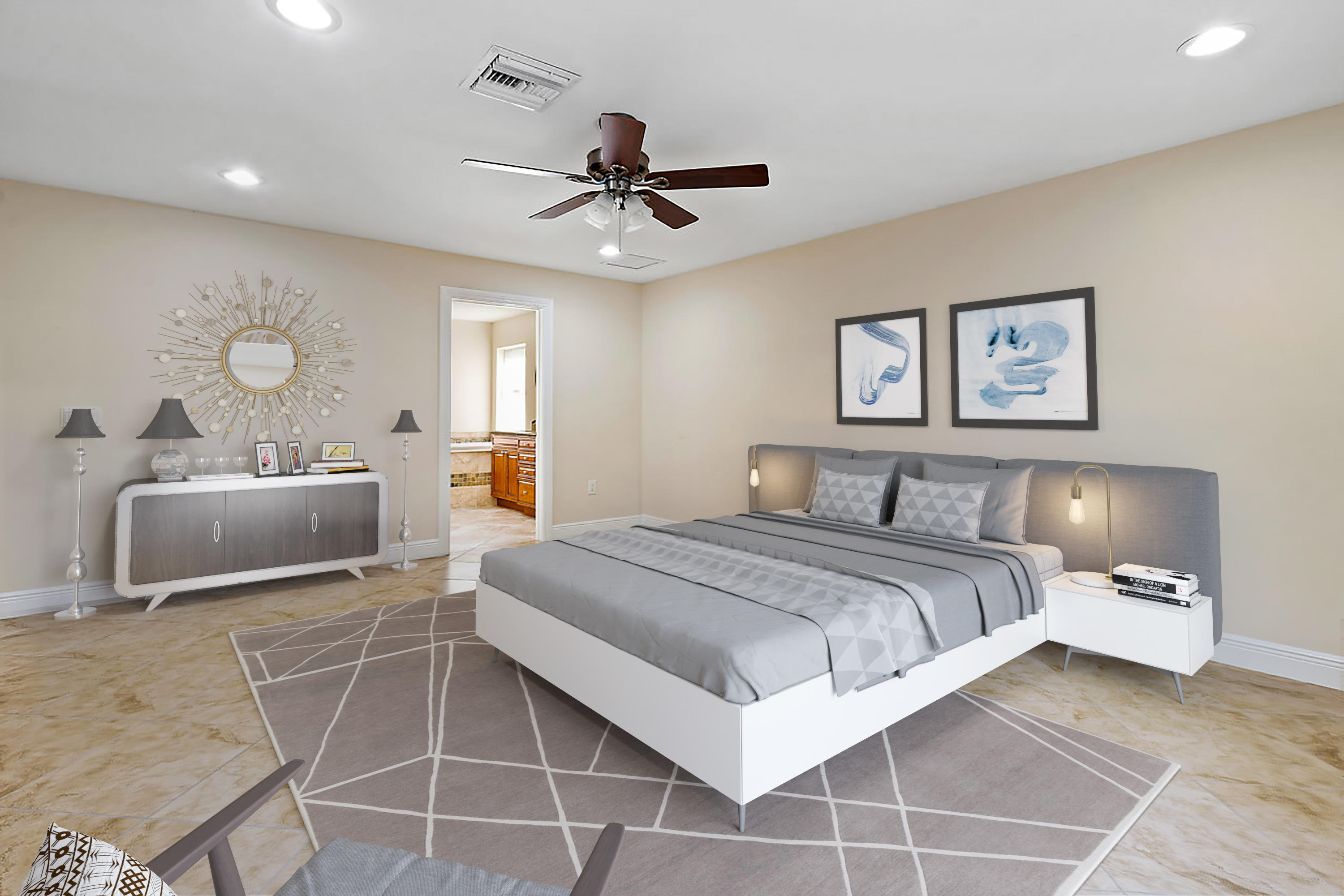 4572 White Cedar Lane Delray Beach, FL 33445 - Photo 15 of 37 a bedroom with a large bed and a chandelier