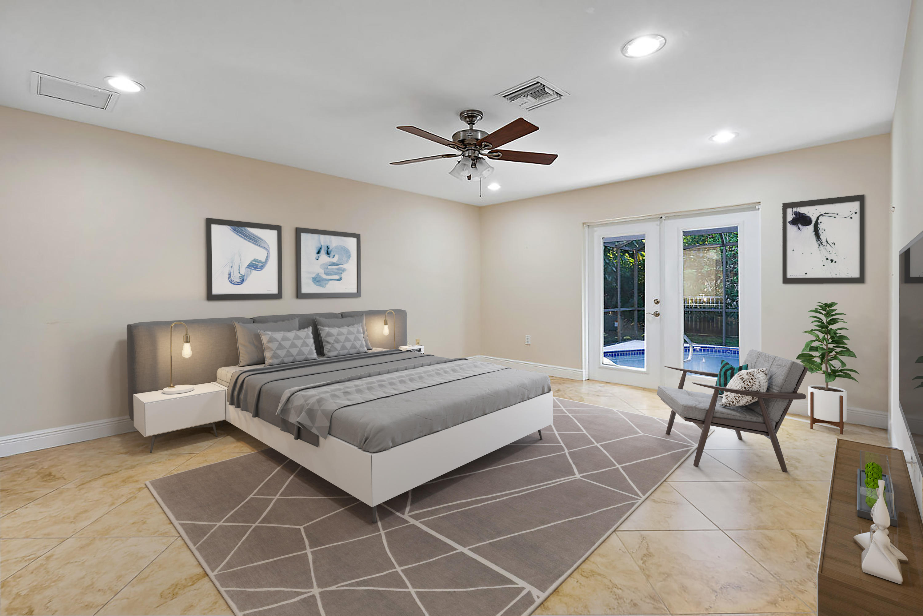 4572 White Cedar Lane Delray Beach, FL 33445 - Photo 16 of 37 a bedroom with a large bed and a chandelier