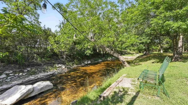 a backyard of a house with a yard and large tree
