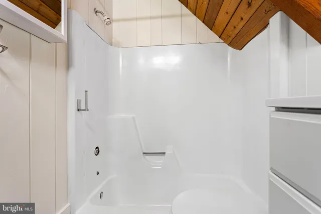 a bathroom with a shower and a toilet