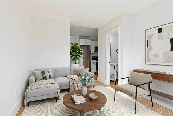 a living room with furniture and a potted plant