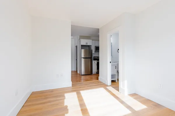 a view of a hallway with wooden floor and entryway