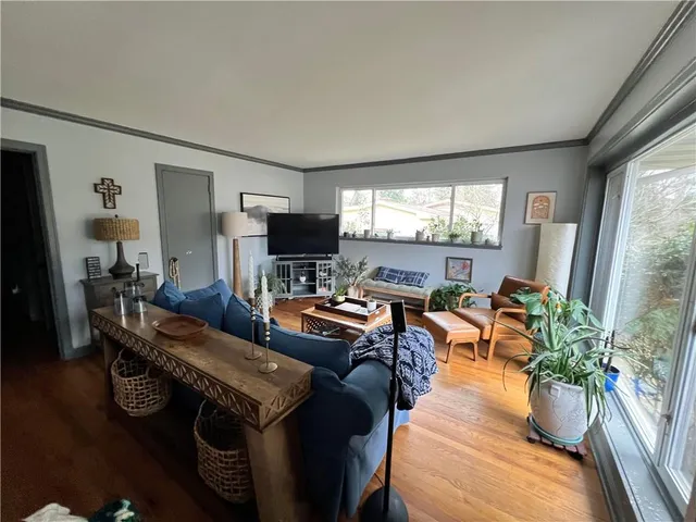 a living room with furniture potted plant floor to ceiling window and a flat screen tv