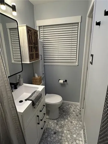 a bathroom with a sink toilet and mirror
