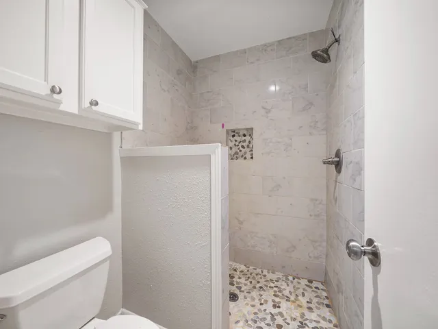 a bathroom with a shower a toilet and sink