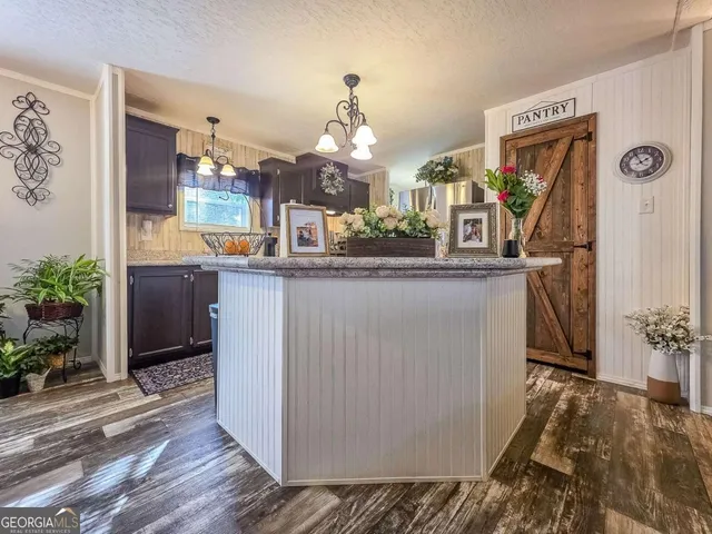 a dining room with large window