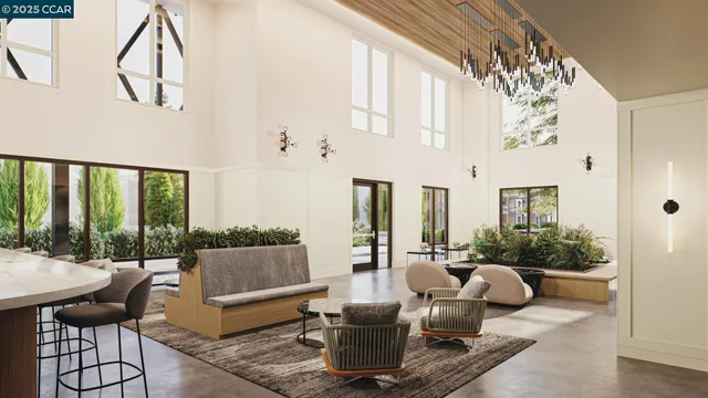 a living room with furniture and a floor to ceiling window