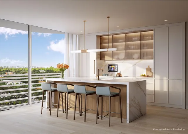 a kitchen with a table chairs sink and cabinets