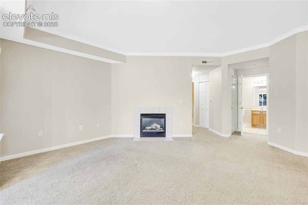 3864 Riviera Grove, Unit 102 Colorado Springs, CO 80922 - Photo 6 of 24 Living area featuring a tiled fireplace with a black insert, light-toned carpeting, and crown molding