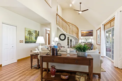 a living room with dining table a window and potted plant