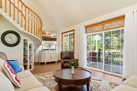 a living room with furniture a rug and a window