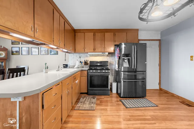 a view of a dining room with furniture
