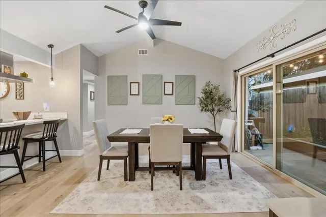 a view of a dining room with furniture