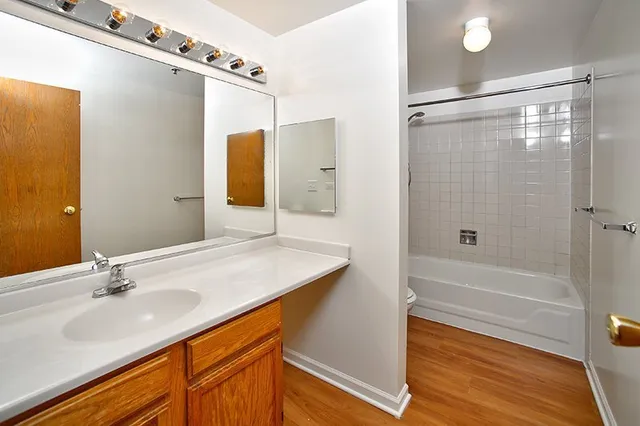 a bathroom with a sink double vanity granite tub shower and a mirror