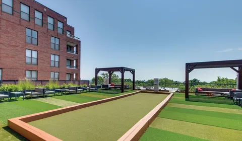 a view of a big building with a big yard