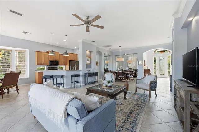 a view of a dining room with furniture
