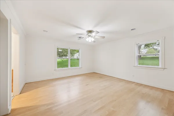 a view of a room with a window