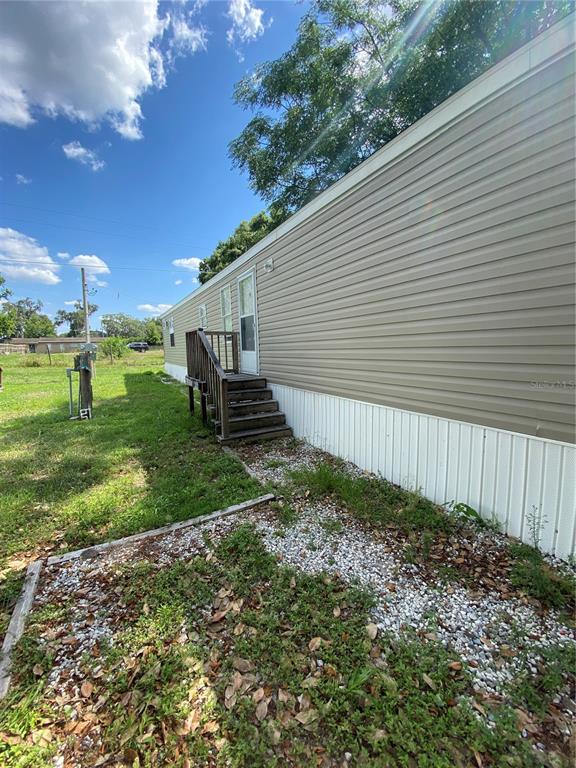 a view of a backyard with plants and large trees