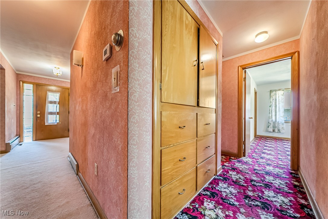 550 Cooper Foster Park Road Lorain, OH 44053 - Photo 16 of 50 Hallway with plenty of natural light, crown molding, light carpet, and a baseboard radiator