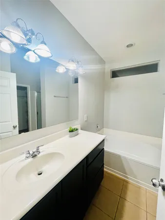 a bathroom with a tub a sink and a mirror