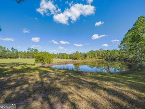 a view of a yard with large trees and a fence