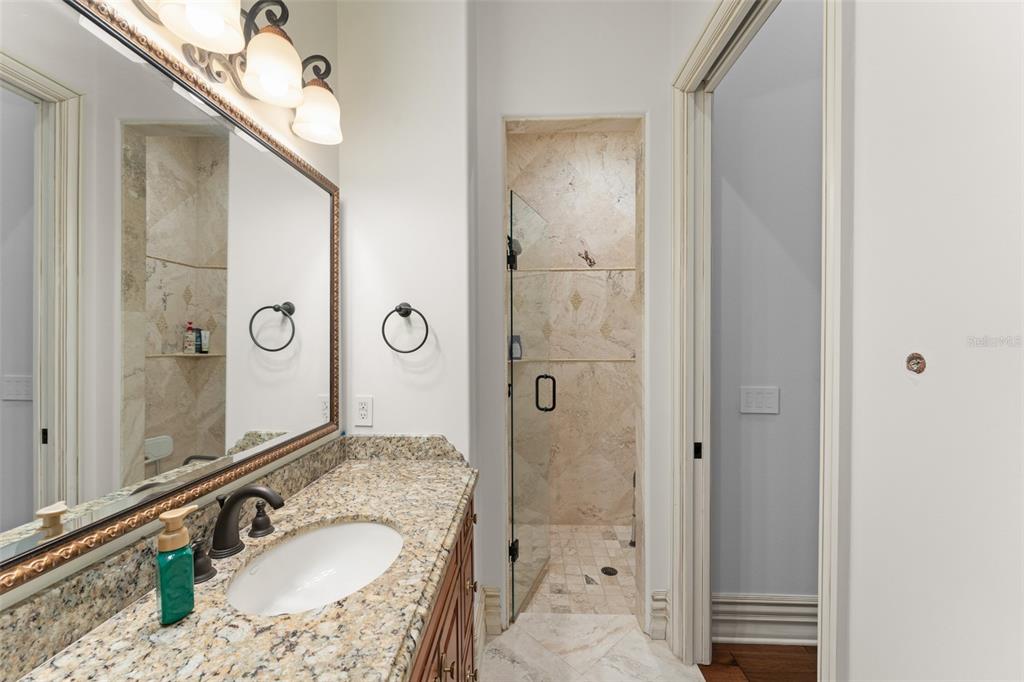 4812 Alexandra Garden Court Windermere, FL 34786 - Photo 32 of 65 a bathroom with a granite countertop sink a mirror and a shower