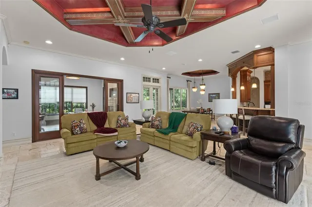 a lobby with furniture and dining table