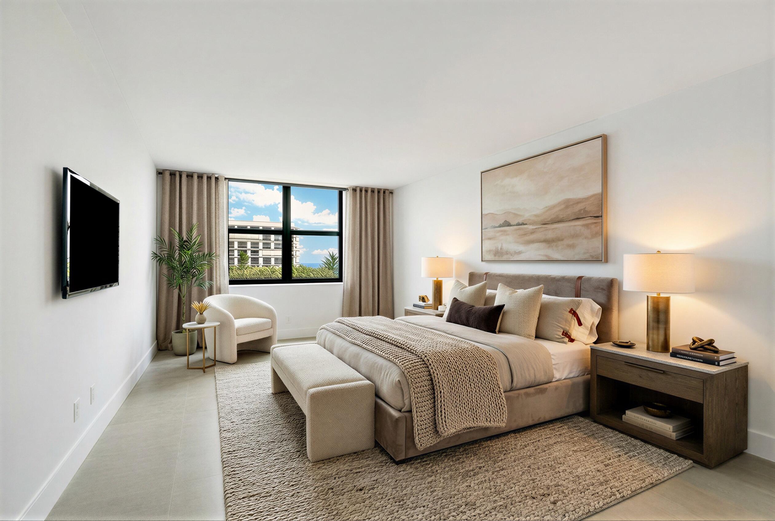 2001 North Ocean Boulevard, Unit 502 Boca Raton, FL 33431 - Photo 26 of 67 a bedroom with a bed and large window