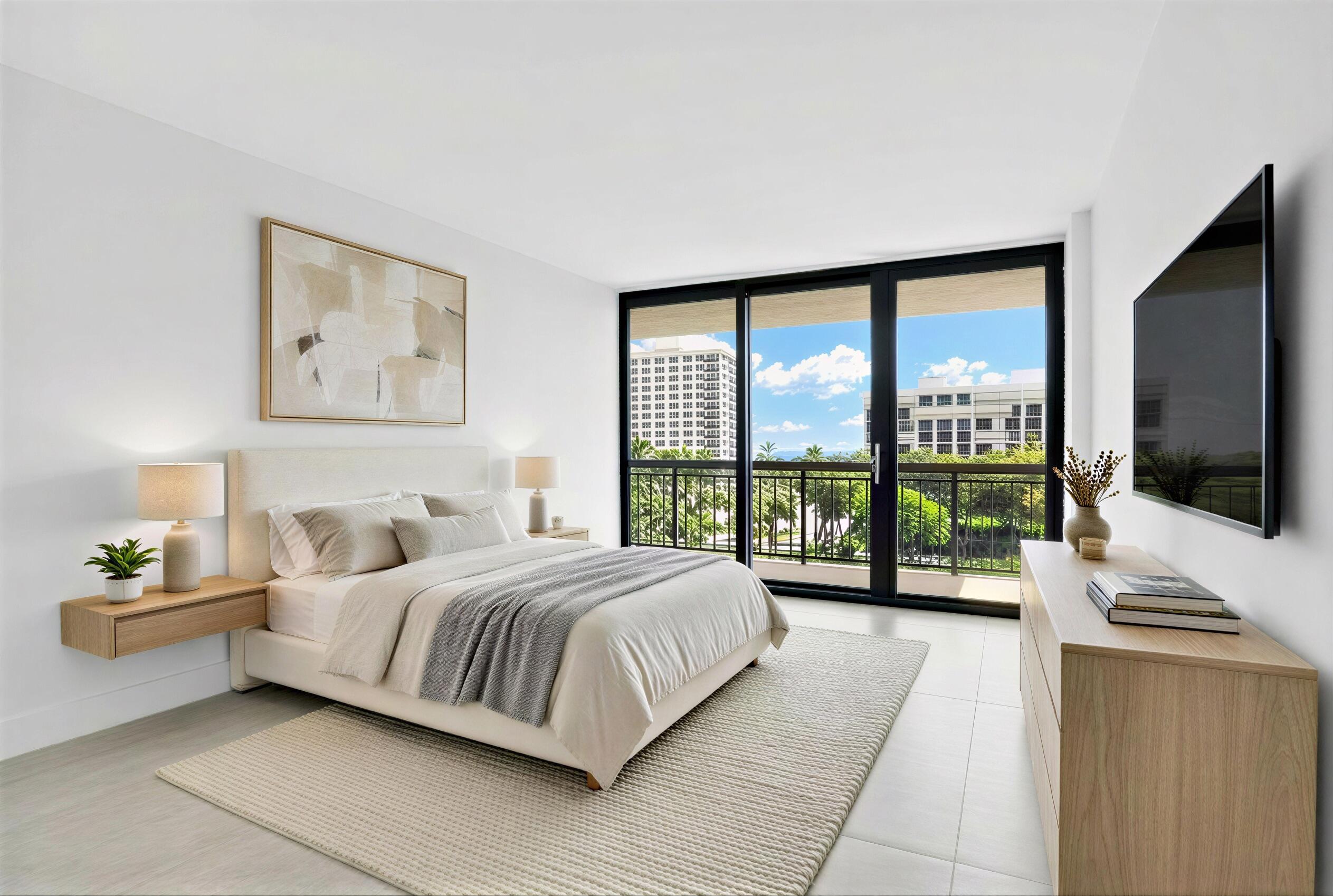 2001 North Ocean Boulevard, Unit 502 Boca Raton, FL 33431 - Photo 31 of 67 a bedroom with a bed and a large window