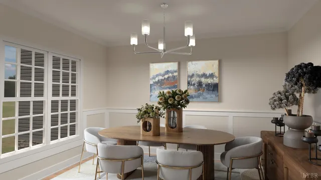 a view of a dining room with furniture and chandelier