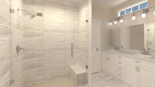 a bathroom with a double vanity sink mirror and shower