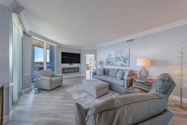 a view of a balcony with furniture and a table