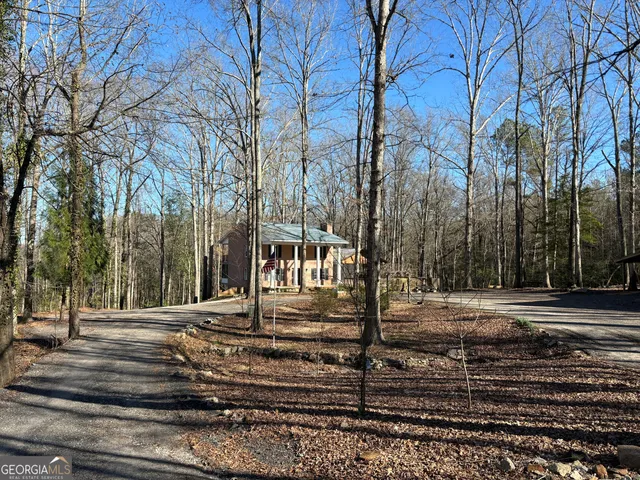 a view of a yard with large trees