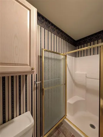 a bathroom with a shower and a toilet