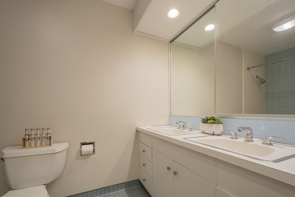 43 Baskin Road Lexington, MA 02421 - Photo 26 of 42 a bathroom with a granite countertop sink mirror and a toilet