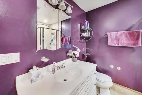 a bathroom with a sink a toilet and a mirror