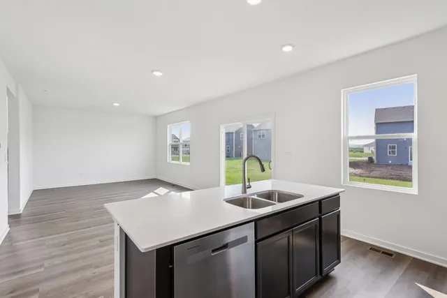 a kitchen with a sink cabinets and wooden floor