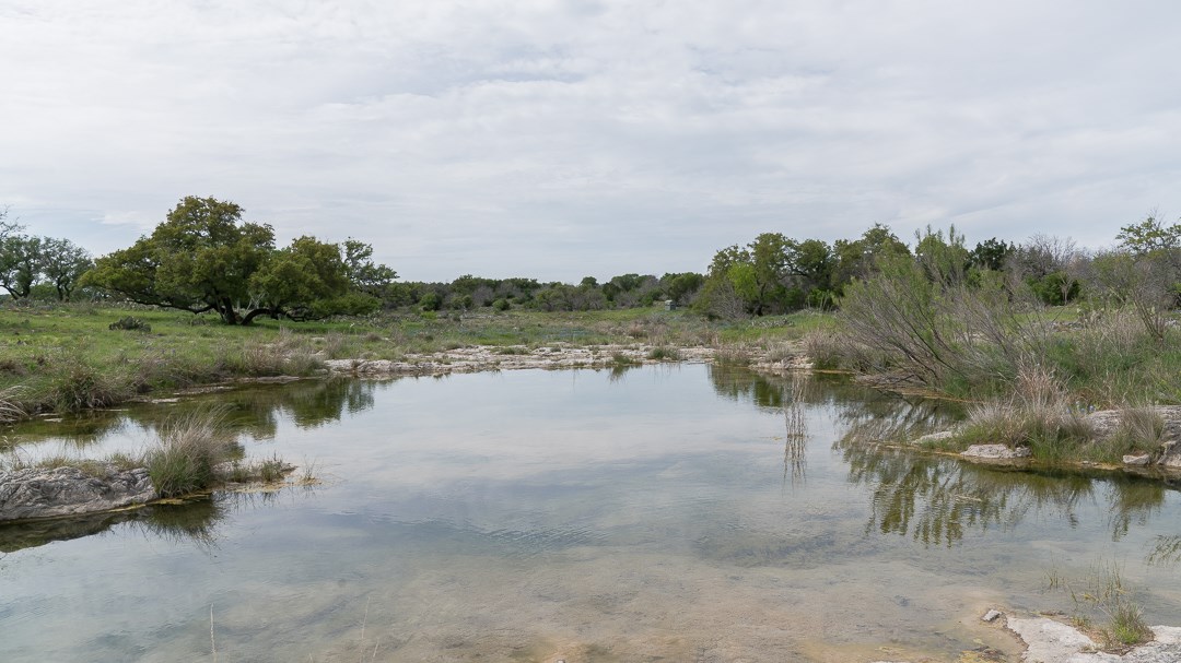 a view of a lake with houses in back