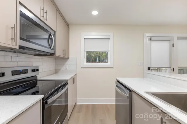 a kitchen with a sink stove and microwave