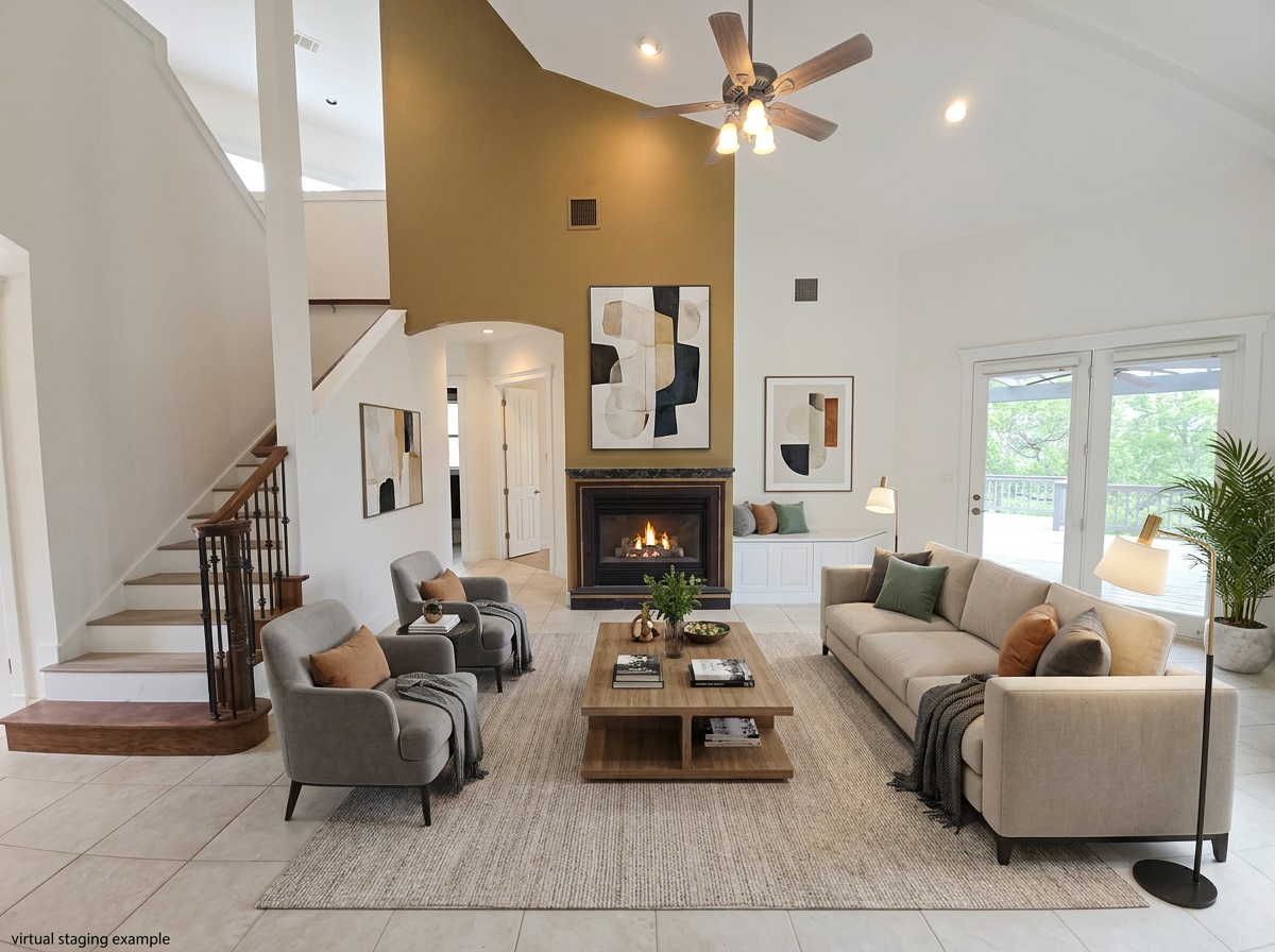 2800 Waymaker Way, Unit 24 Austin, TX 78746 - Photo 2 of 14 Spacious living room featuring a vaulted ceiling with a ceiling fan, a fireplace with a dark-toned mantel, a built-in window seat, and exterior double doors