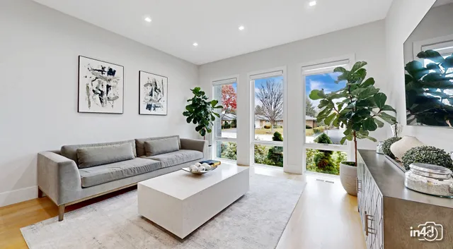 a living room with furniture potted plant and a table
