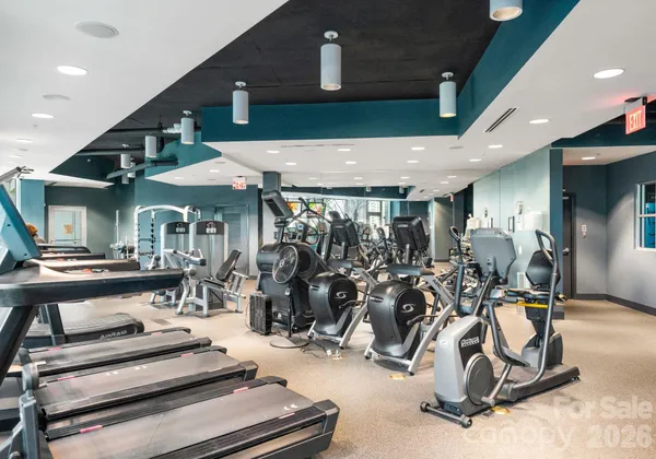 a room with gym equipment and lots of equipment