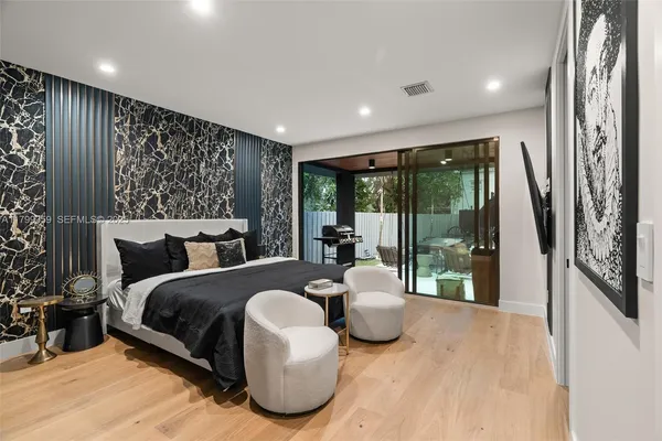 a bed room with a bed and a large window