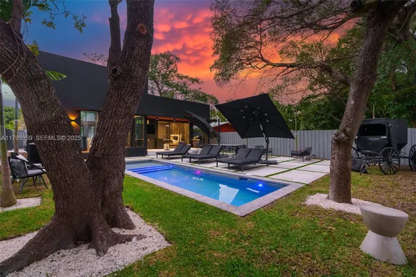 a view of a backyard with swimming pool