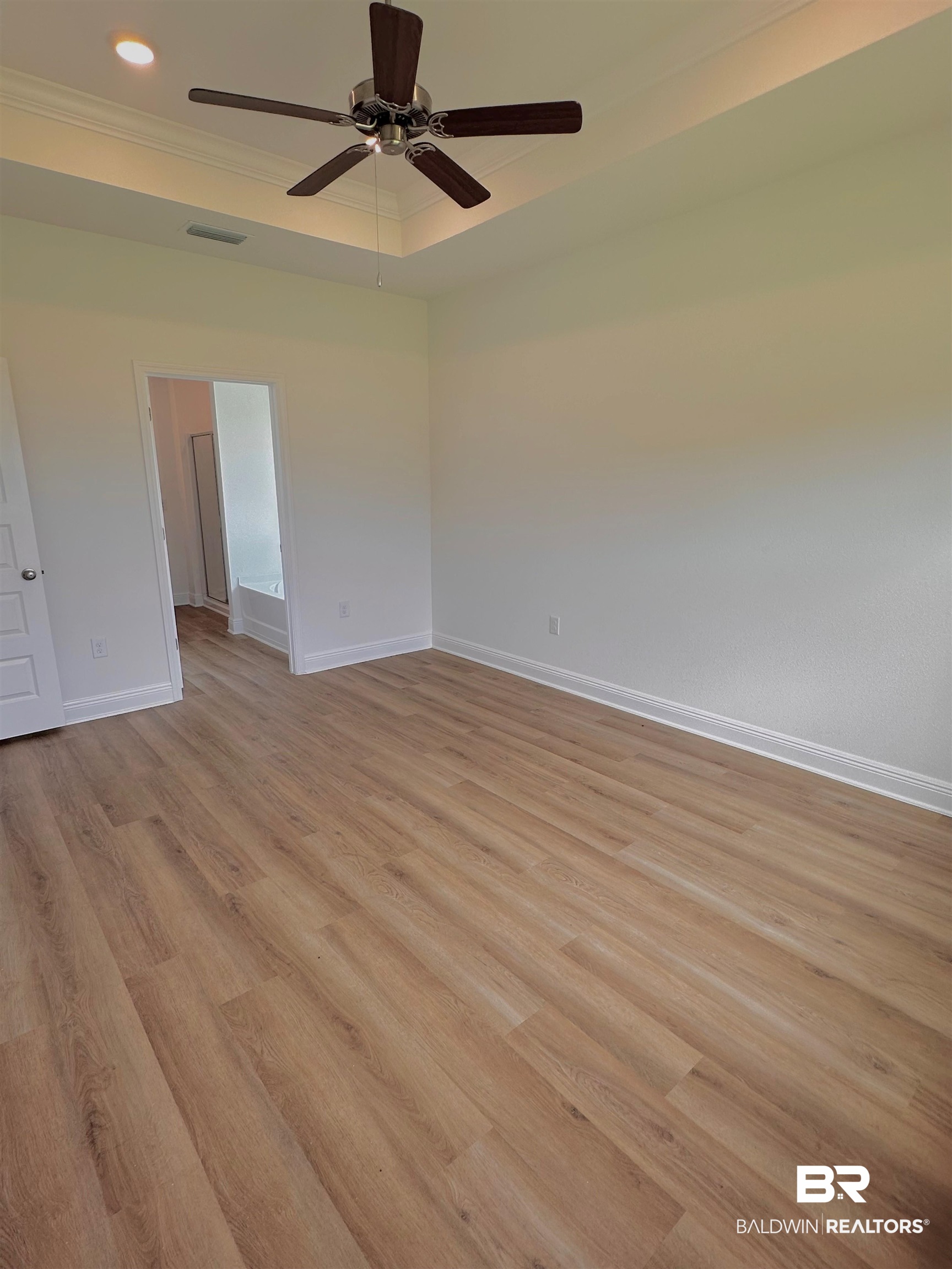 12946 Grand Rpds Road Fairhope, AL 36532 - Photo 10 of 19 Unfurnished room with a tray ceiling, ceiling fan, and light hardwood / wood-style floors
