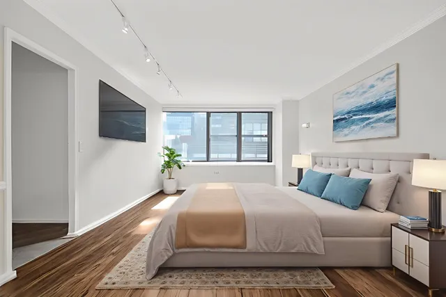 a bedroom with a large bed a flat tv screen and a potted plant