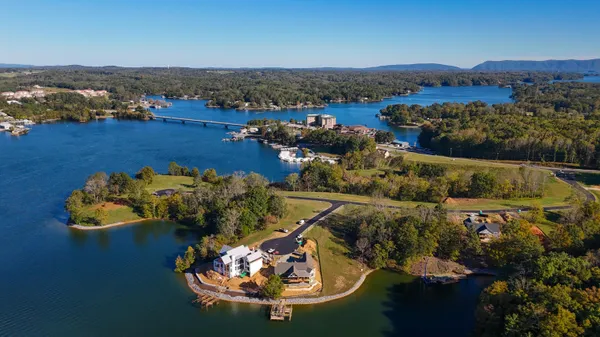 an aerial view of a house with a swimming pool lake view and mountain view